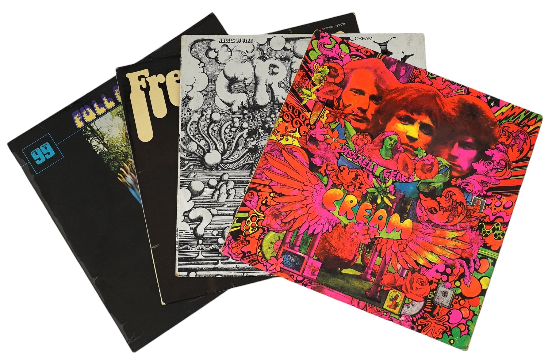 Four Cream related LP record albums; Disraeli Gears stereo on Reaction 594003, with fully laminated cover, Wheels of Fire, Fresh Cream, Full Cream. Condition - fair, minor wear to the covers and scratches to vinyl